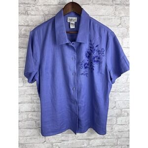 Style & Company Blouse Purple Short Sleeve Tailored Linen‎ Collar Top Size 16